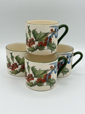 Gien France Le Houx Set of 4 Holly Berry Christmas Mugs Vintage